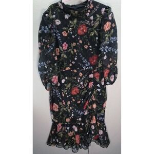 Eliza J Floral Chiffon Dress Size 16 Black Ruched Midi Puff Sleeve Wedding Guest